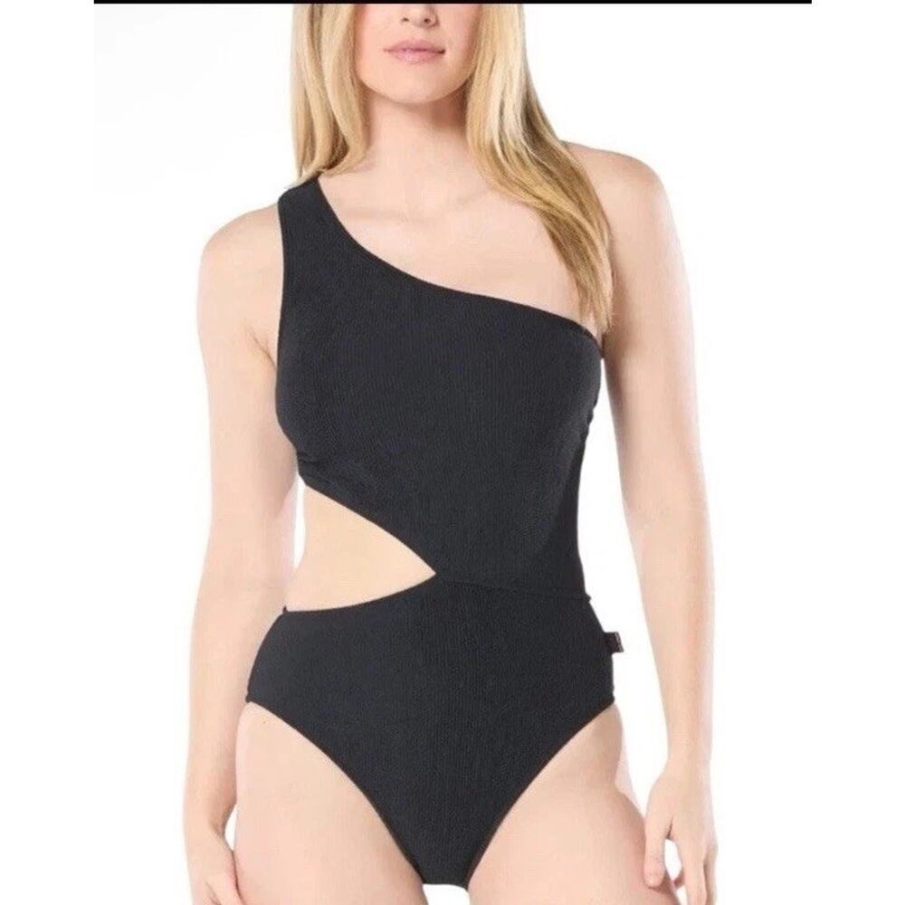 Michael Kors Women's One Shoulder Side Cutout One Piece Swimsuit Sz 10 Black NWT